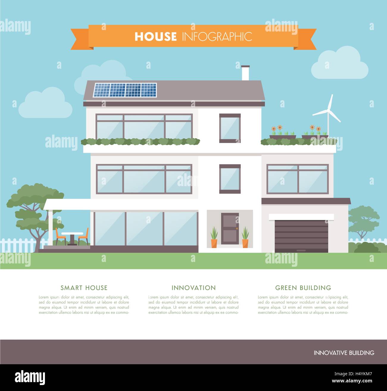 Zeitgenössische Öko-Haus mit Solarzellen, Windgenerator und Garten, Architektur und Nachhaltigkeitskonzept Stock Vektor