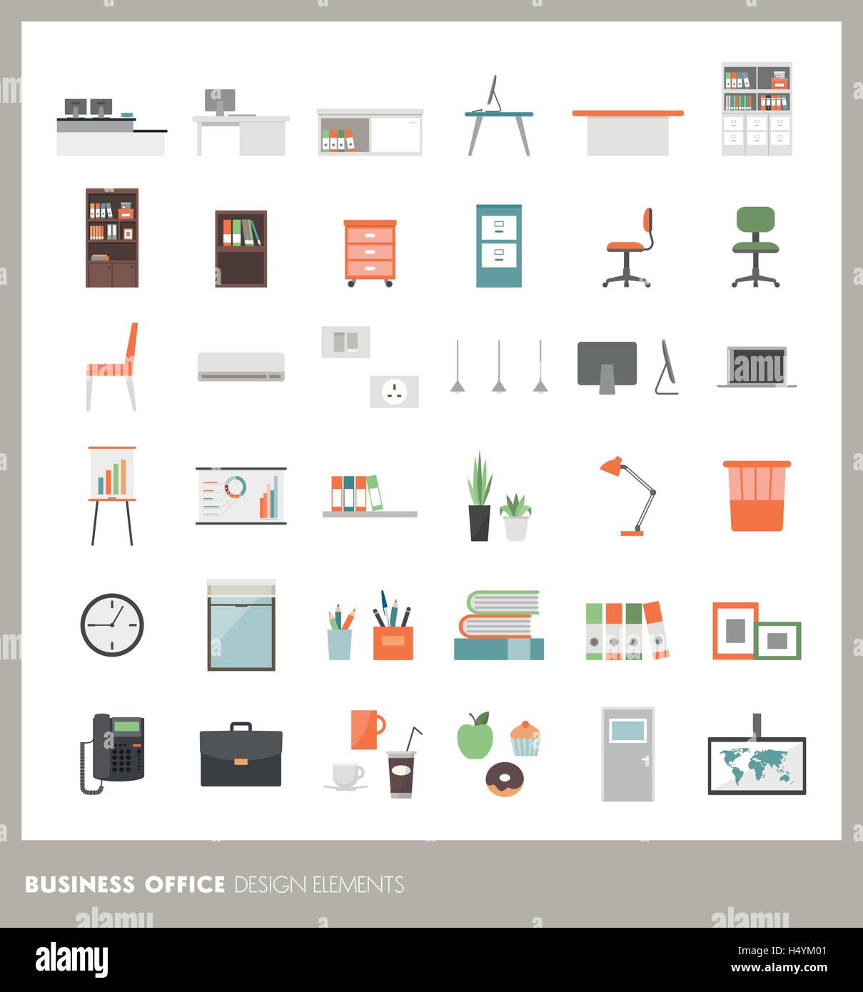 Geschäft-Büro-Symbole-Set: Objekte, Möbel, Dekorationen und Elektronik Stock Vektor