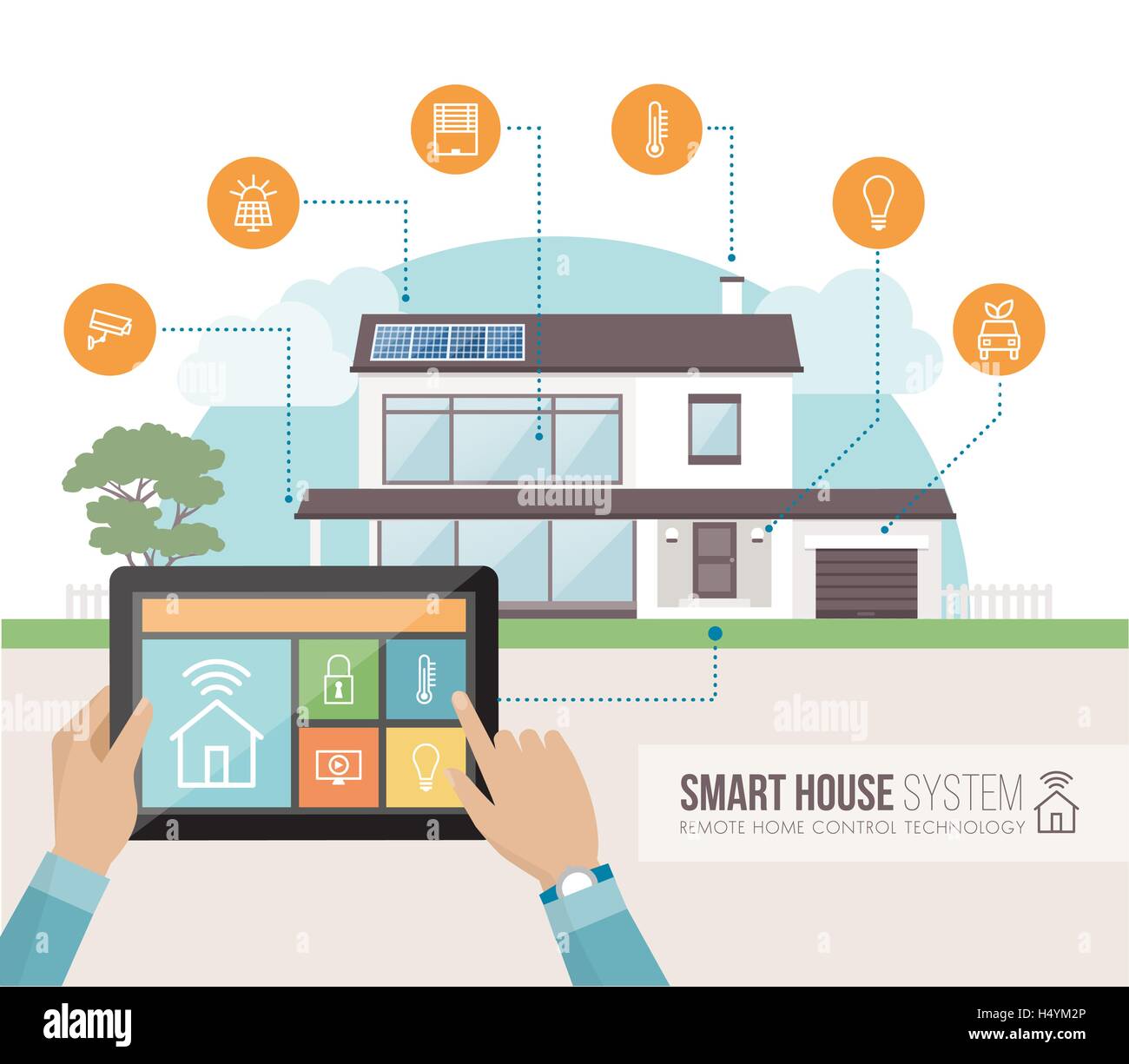 Intelligente Haussteuerung System und mobile app auf einem Tablet, modernes Haus mit Symbolen, die auf dem Hintergrund festlegen Stock Vektor