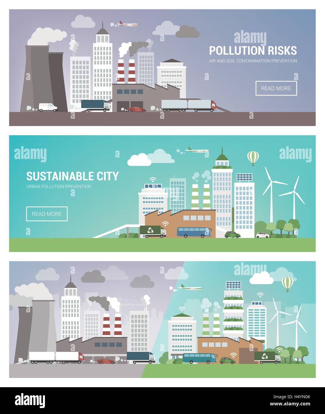 Saubere und verschmutzten Stadt Banner gesetzt, Umweltschutz und nachhaltige Stadtentwicklung Konzept Stock Vektor