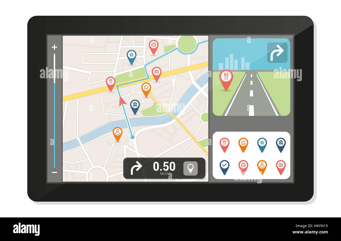 GPS-Navigations-Gerät und einen Stadtplan mit Stiften und Symbole, Technologie und Konzept Reisen Stock Vektor