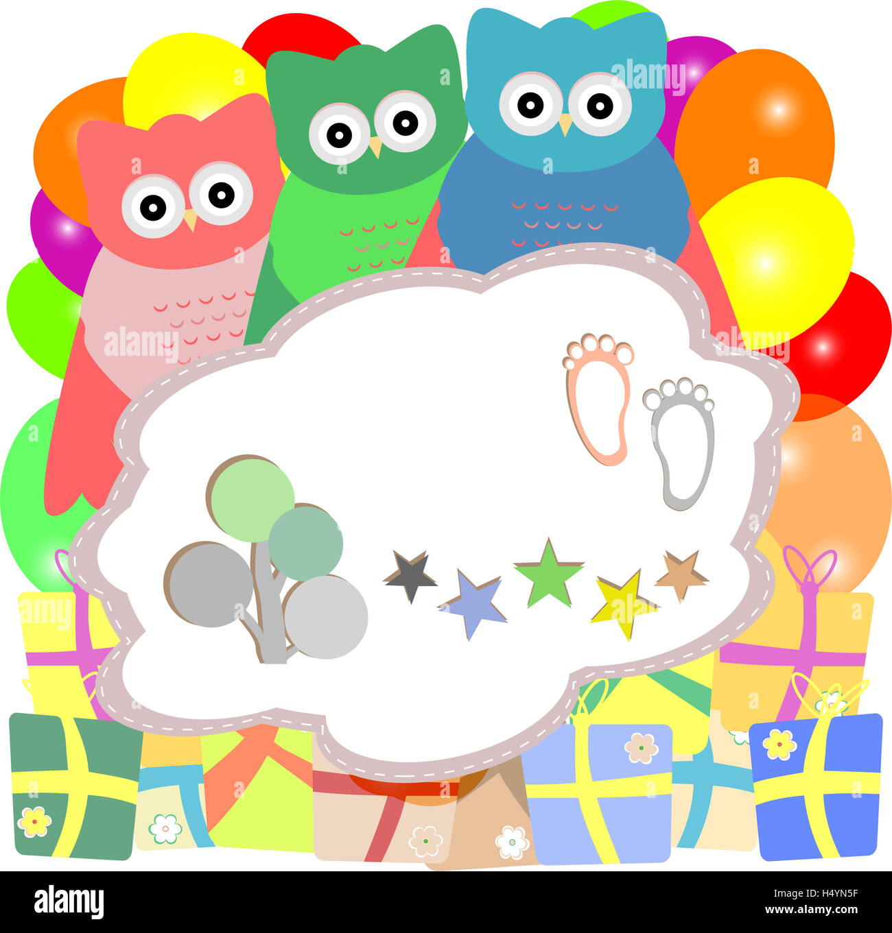 süße Eule Weihnachtskarte mit Geschenk-Boxen - Baby Boy Ankunft Ankündigung Stockfoto