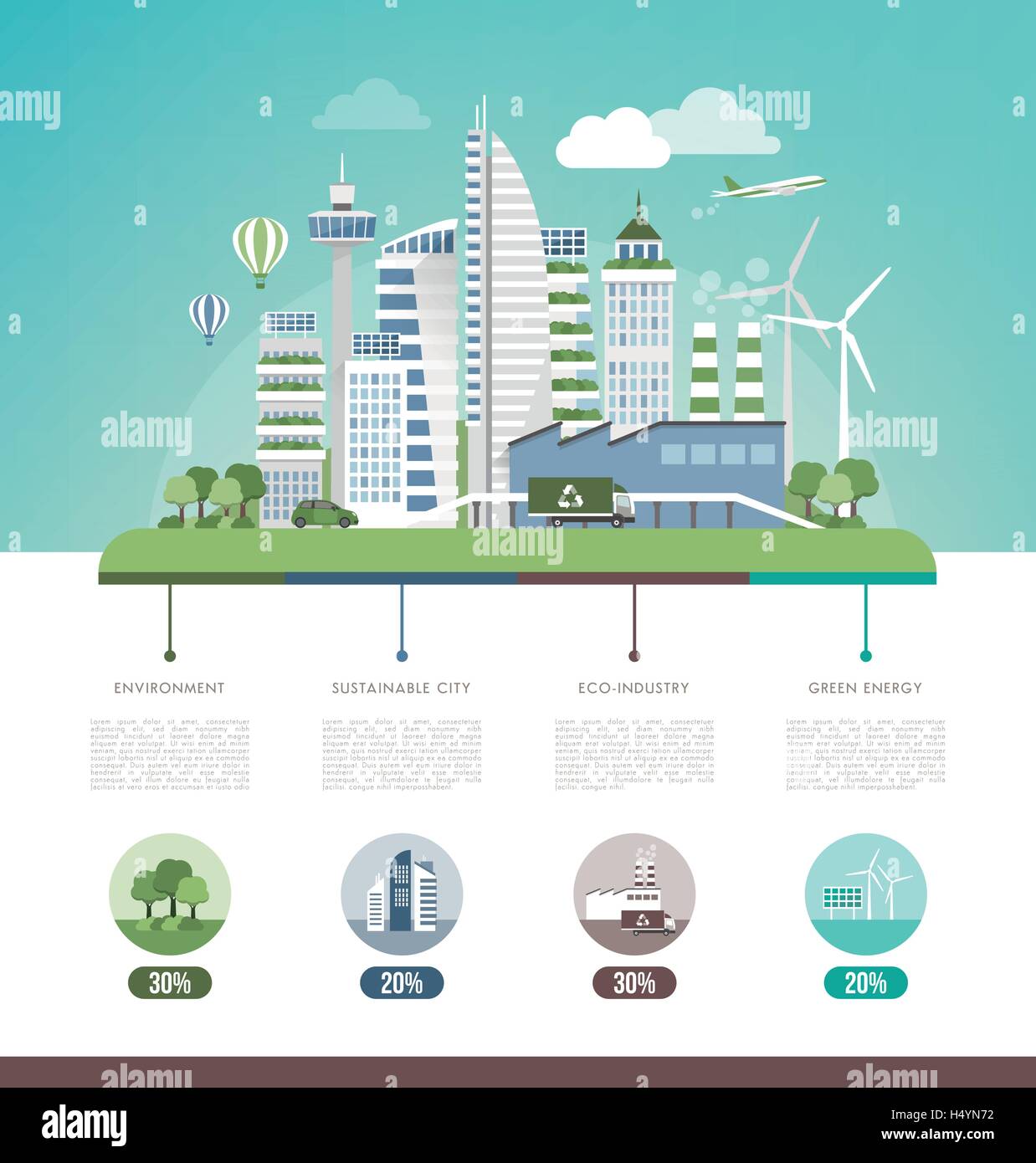 Nachhaltige Stadt, Ökologie und Umwelt Infografik, Text und kopieren Grünfläche Stock Vektor