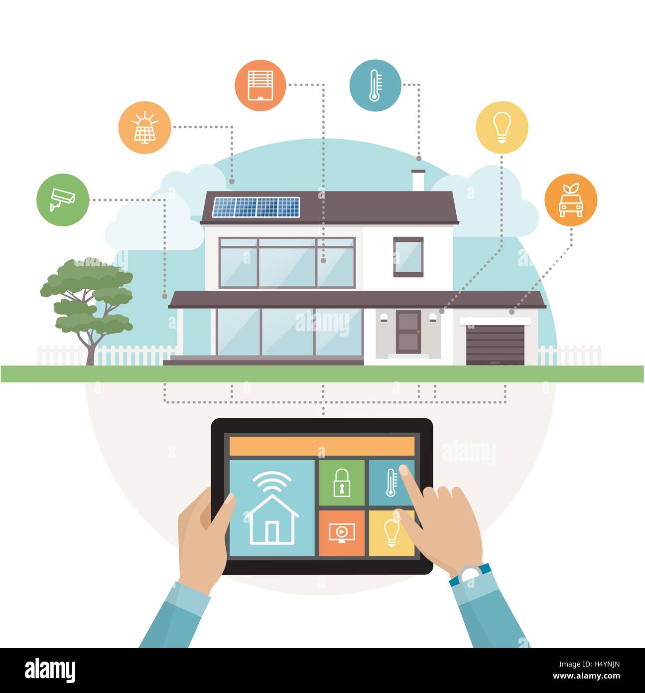 Intelligente Haussteuerung System und mobile app auf einem Tablet, modernes Haus mit Symbolen, die auf dem Hintergrund festlegen Stock Vektor