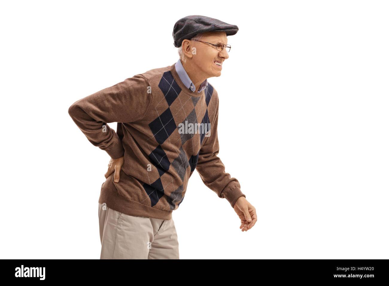 Älterer Mann erleben Rückenschmerzen isoliert auf weißem Hintergrund Stockfoto