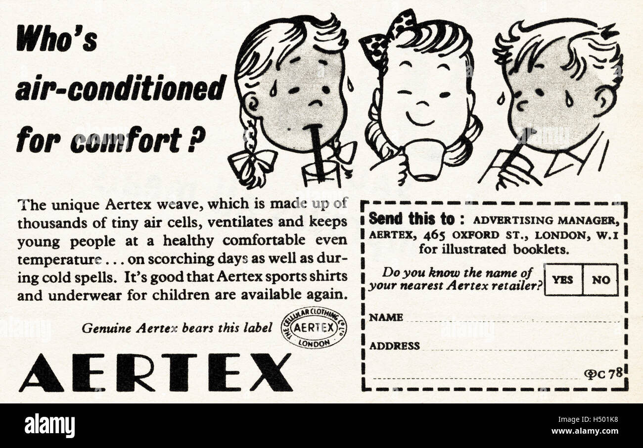 1950er Jahre Werbung Werbung aus original alten Oldtimer Magazin datiert 1952 Werbung für Aertex Kinderkleidung Stockfoto
