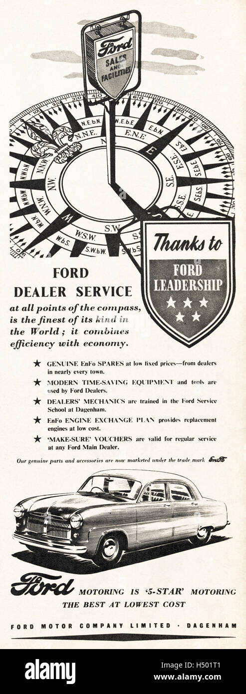 1950er Jahre Werbung Werbung aus original alten Oldtimer Magazin datiert 1952 Werbung für Ford Autos Händler-service Stockfoto