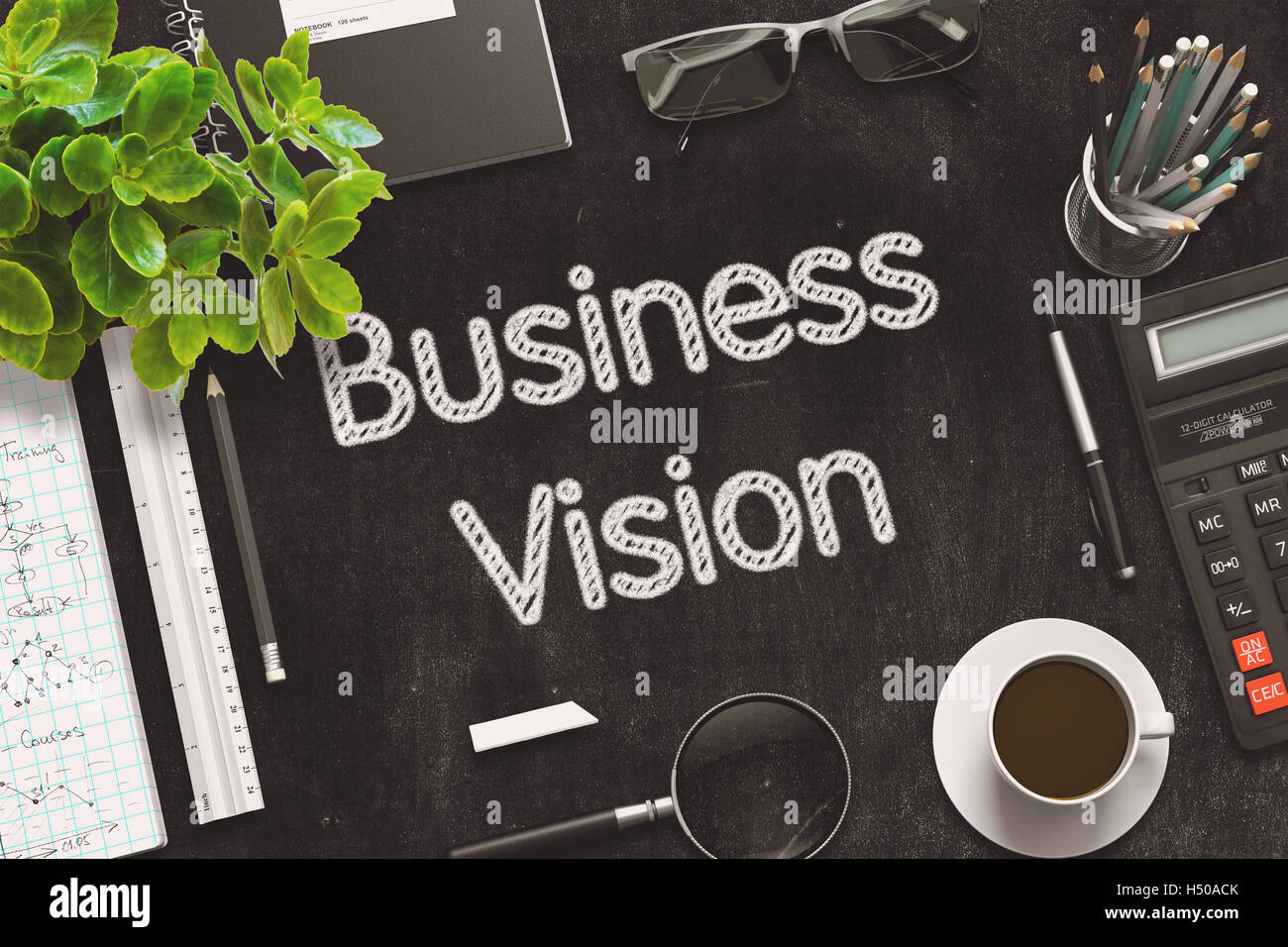 Business-Vision-Konzept an schwarzen Tafel. 3D-Rendering. Stockfoto