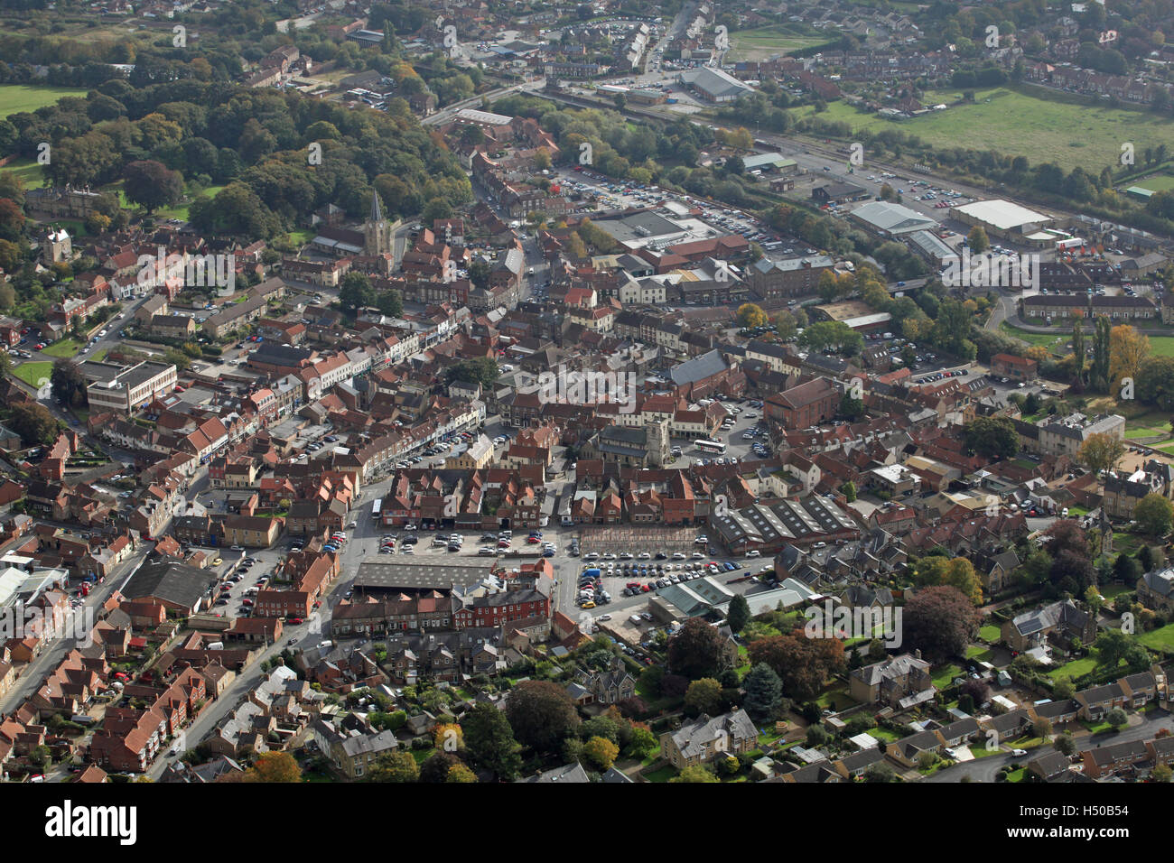 Luftbild von der Marktstadt Yorkshire Malton, UK Stockfoto