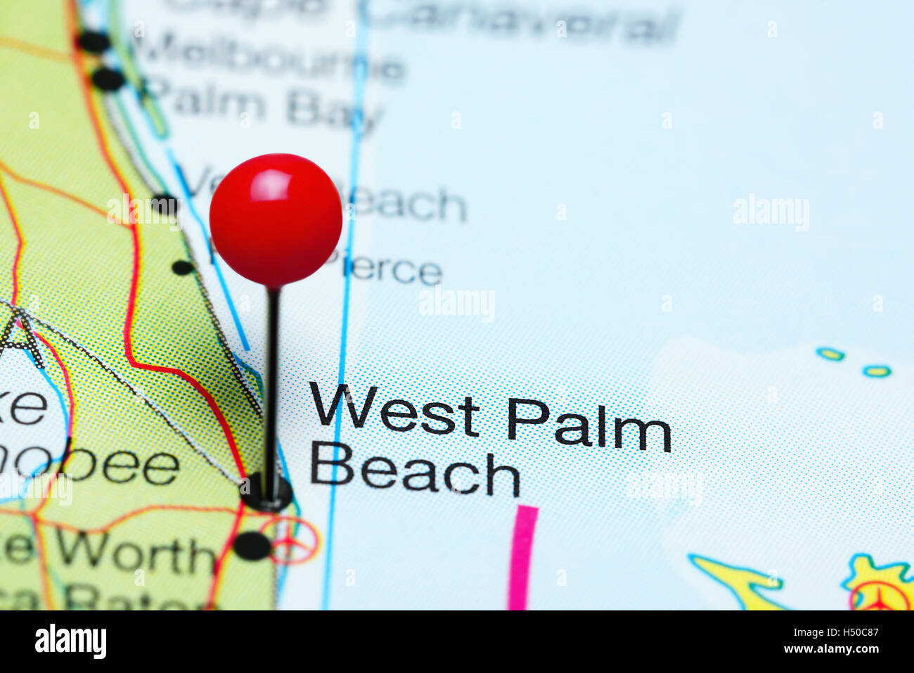 West Palm Beach fixiert auf einer Karte von Florida, USA Stockfoto