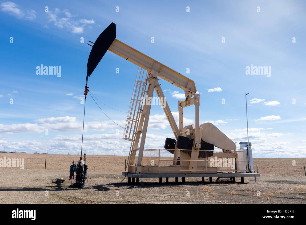 Eine Bohrschwengels, die Gewinnung von Öl aus einer oberirdischen gut in ländlichen Alberta, Kanada. Diese Stockfoto