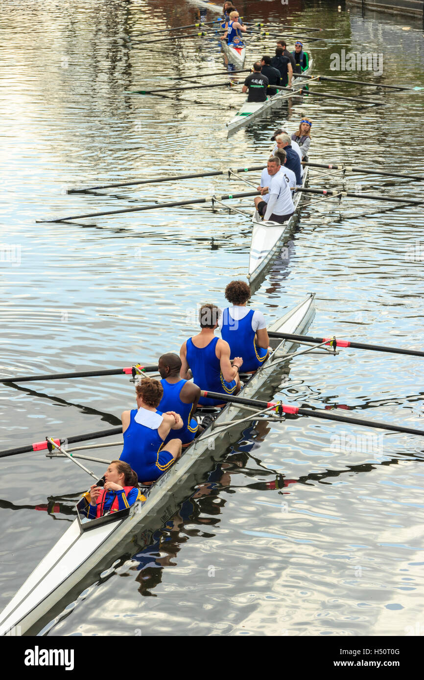 Vier coxed fours auf den Fluss Lea an der Springfield Marina während einer rudern Konkurrenz an Lea Rowing Club, London, Vereinigtes Königreich Stockfoto