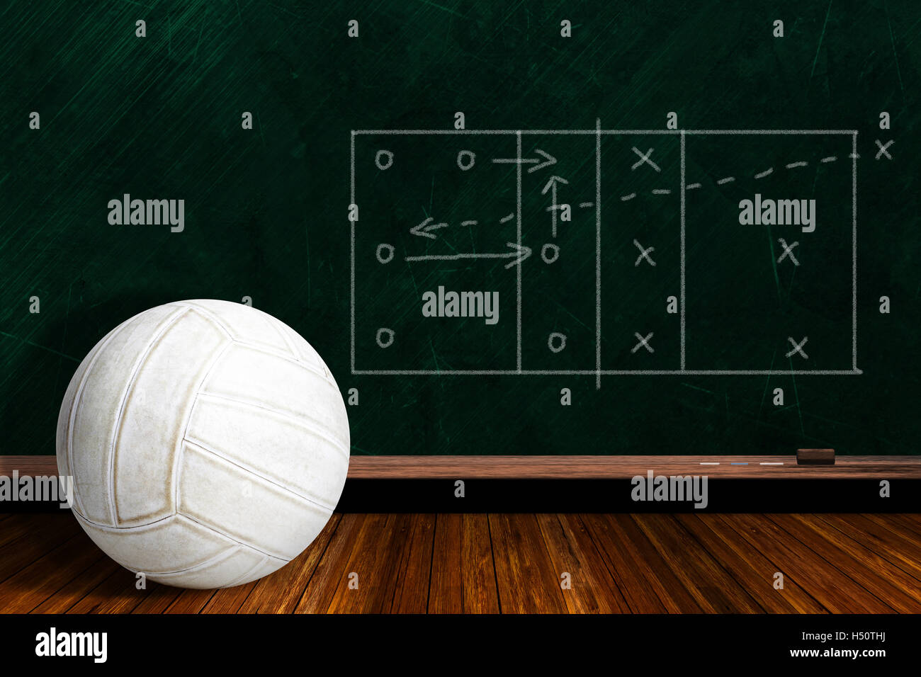 Volleyball und spielen Strategie auf eine Hintergrund-Tafel mit textfreiraum gezeichnet. Stockfoto