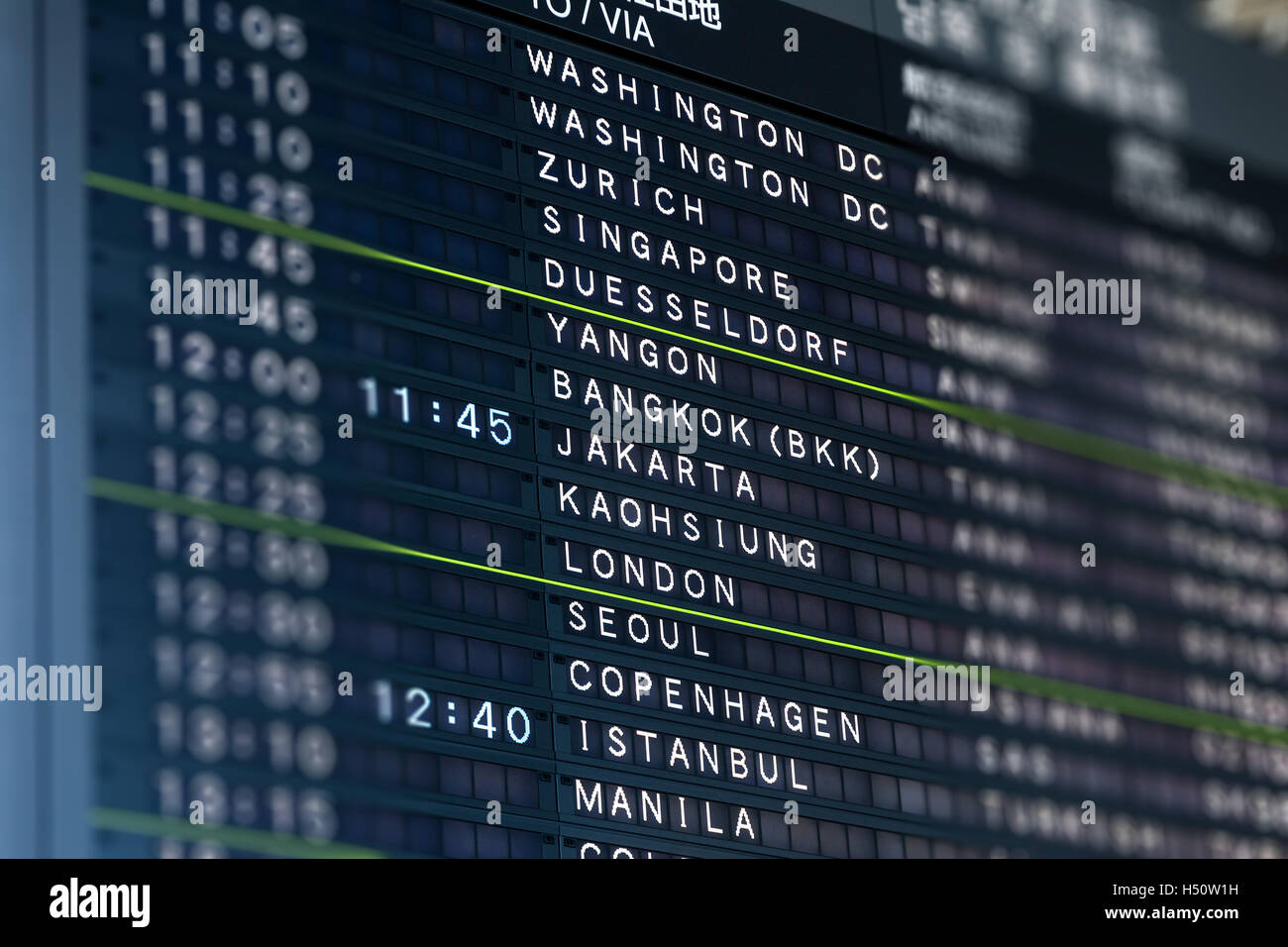 Tilt-Shift Objektiv Effekt auf Flughafen-Flug-Info-Tafel mit Fokus auf große Bestimmungsortstädte. Stockfoto