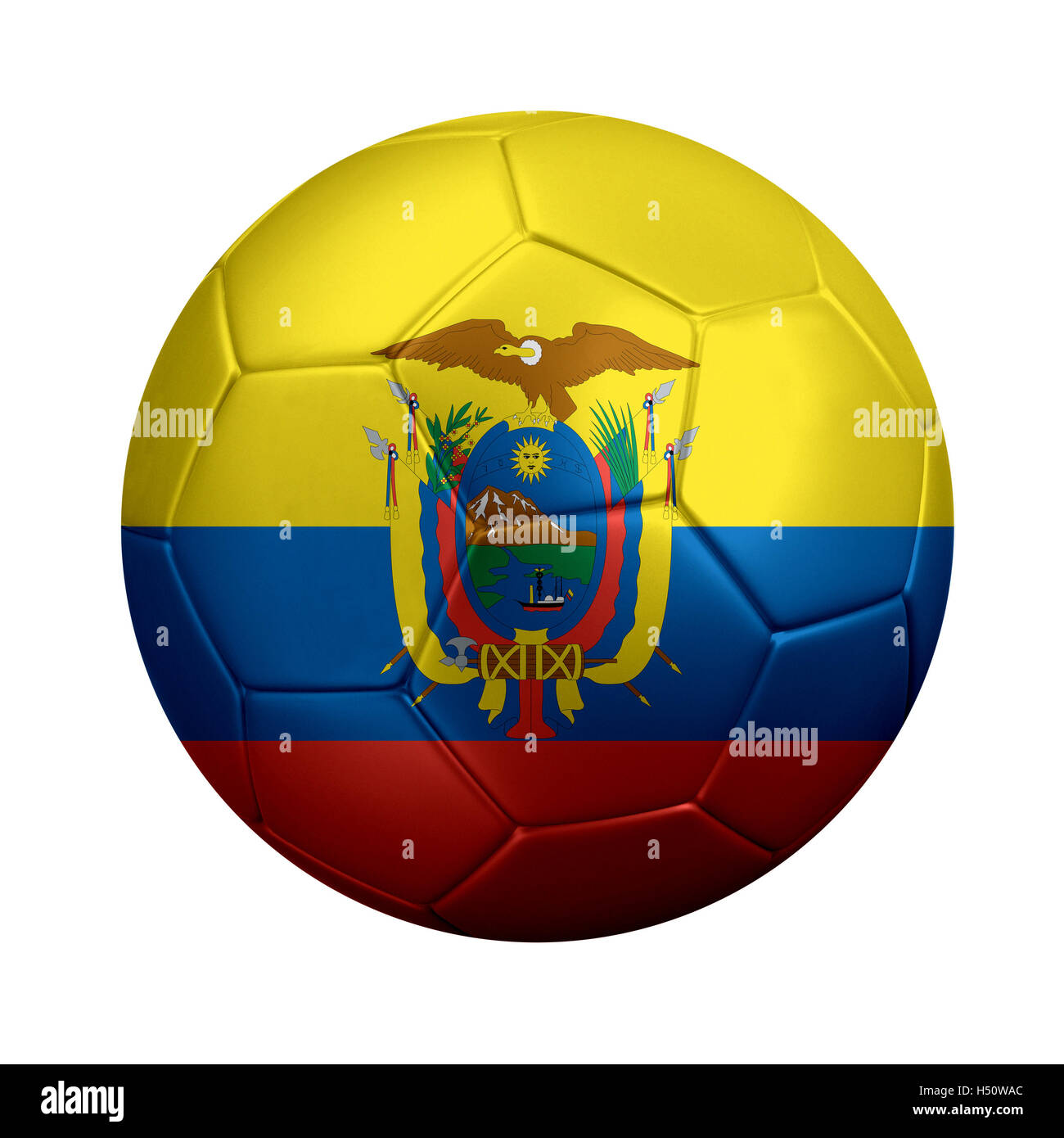 3D-Rendering Fußball in Ecuador Nationalflagge gehüllt. Isoliert auf weiss. Stockfoto