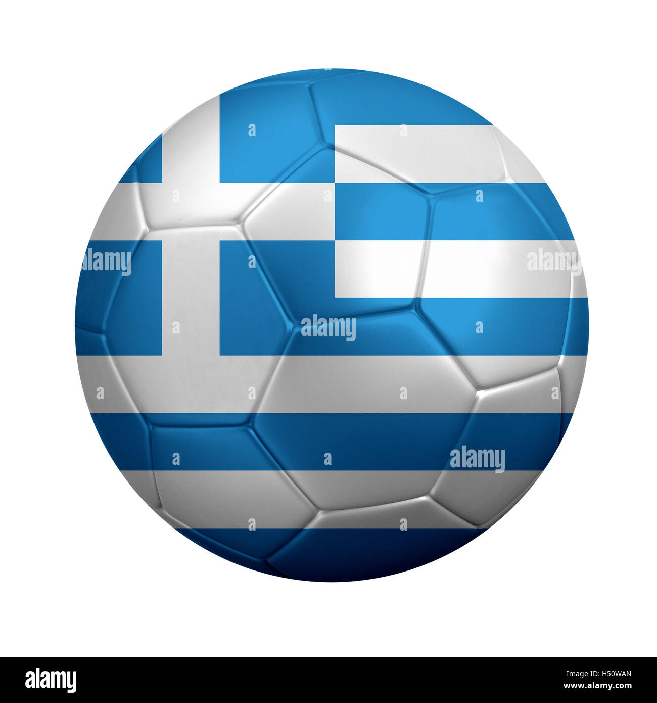 3D-Rendering Fußballs in Griechenlands Nationalflagge gehüllt. Isoliert auf weißem Hintergrund. Stockfoto
