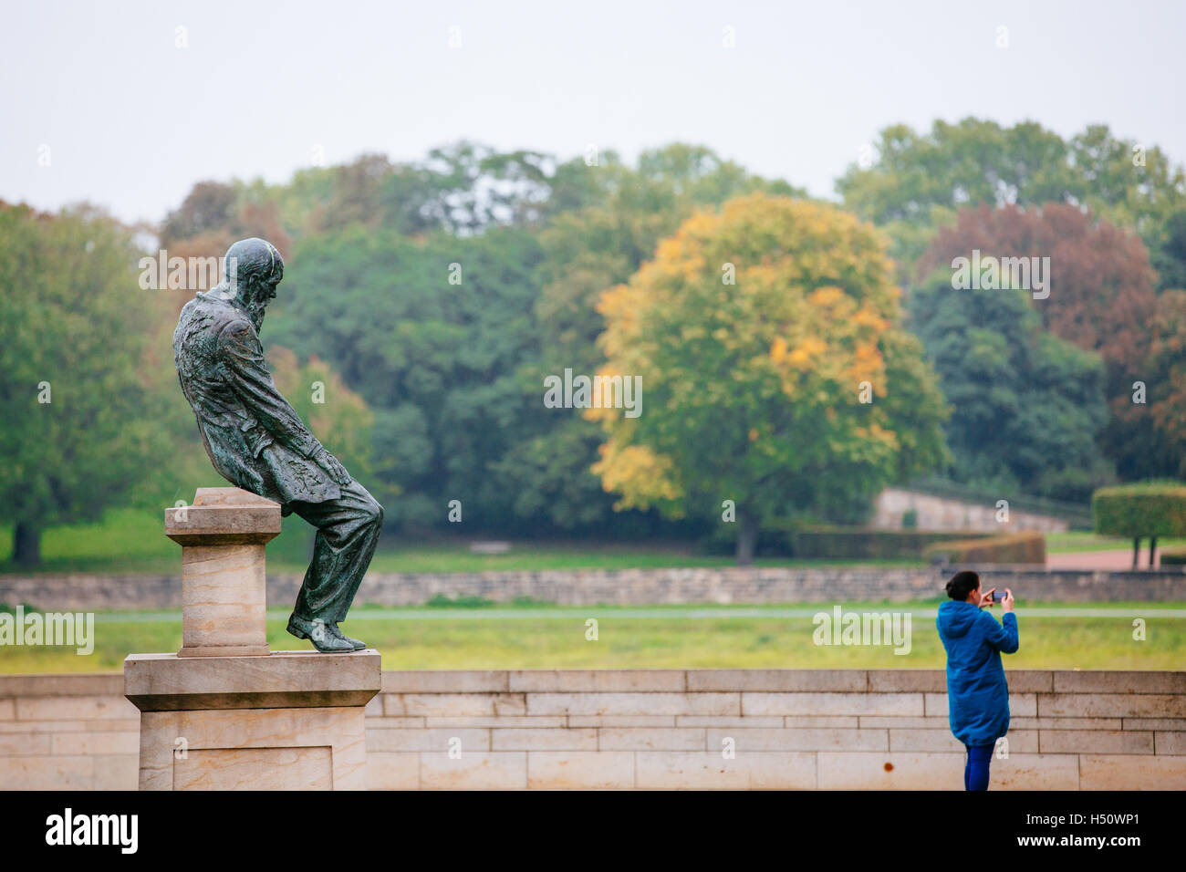 Dresden, Deutschland. 18. Oktober 2016. Das Denkmal für Fjodor Mikhailovich Dostoyevsky vor dem Hintergrund der herbstlichen Bäume Onhte Ufer des Flusses Elbe in Dresden, Deutschland, 18. Oktober 2016. Foto: OLIVER KILLIG/DPA/Alamy Live-Nachrichten Stockfoto