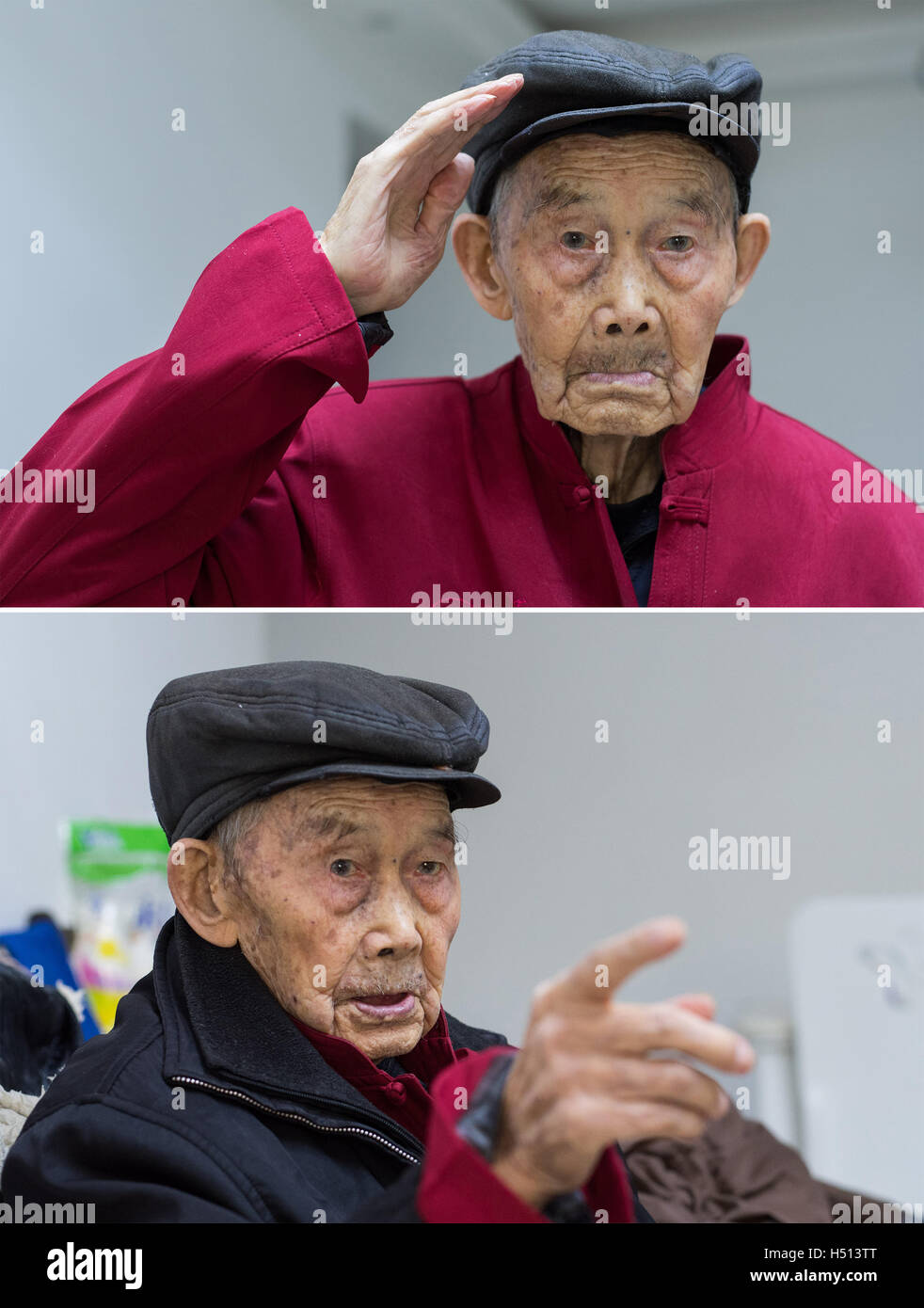 (161019)--Peking, 19. Oktober 2016 (Xinhua)--Kombination Foto am 12. Oktober 2016 zeigt Yang Yisheng, ein 98-j hrige Red Army Veteran, machen einen militärischen Gruß (oben) und sein Porträt (unten). Dieses Jahr markiert den 80. Jahrestag des Endes von der Roten Armee Long March, der von Oktober 1934 bis Oktober 1936 begann. Während des langen Marsches durchgeführt der Roten Armee, der Vorläufer von der Peoples Liberation Army (PLA), eine gewagte militärische Manöver, die den Grundstein für den späteren Sieg der kommunistischen Partei von China (CPC). Die Rote Armee marschierte durch reißende Flüsse, verschneiten moun Stockfoto