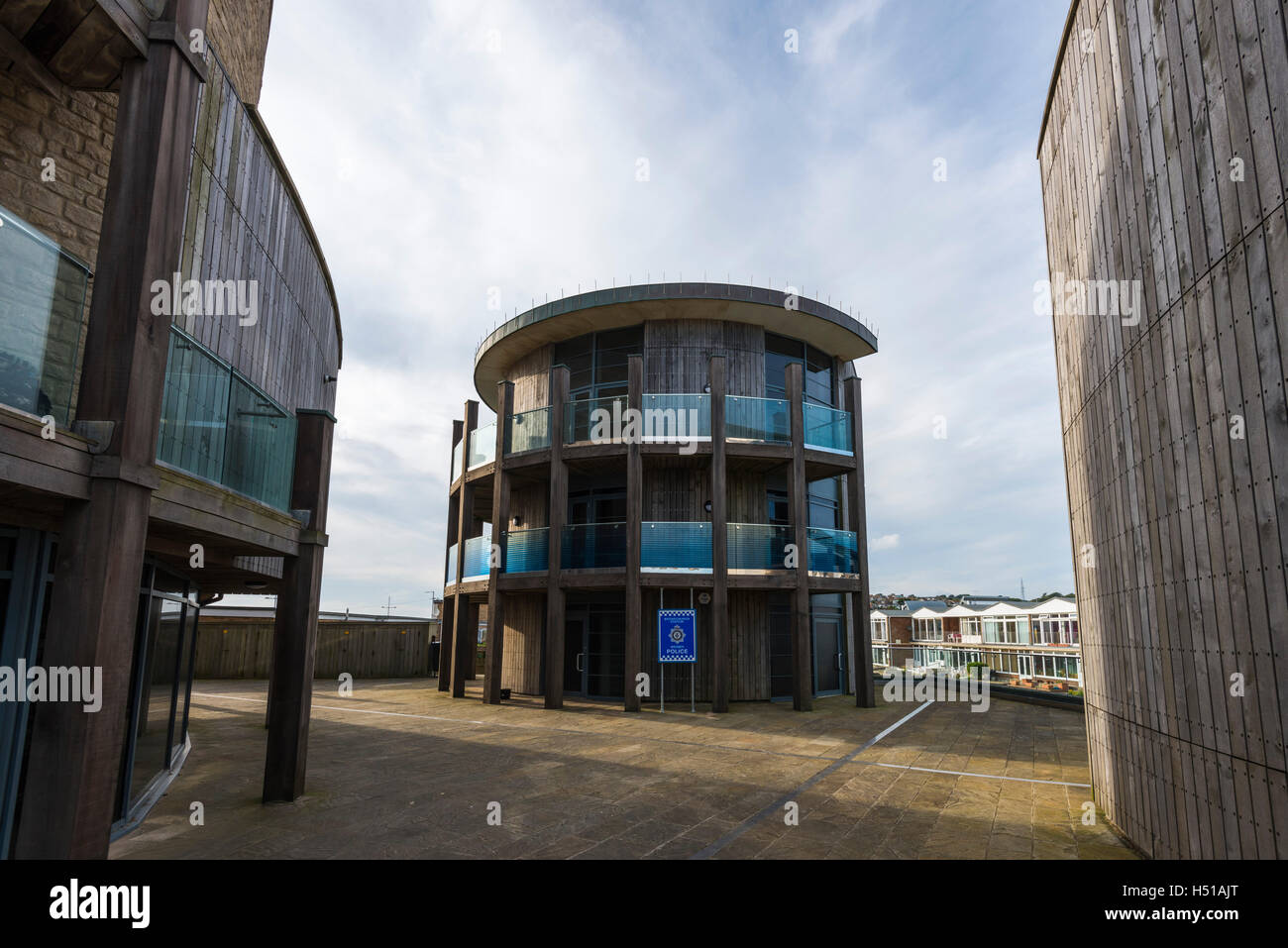 Broadchurch Polizeistation Schild am West Bay, Dorset im Ort für die Dreharbeiten der Serie 3 der hit ITV Drama starrte David Tennant Stockfoto