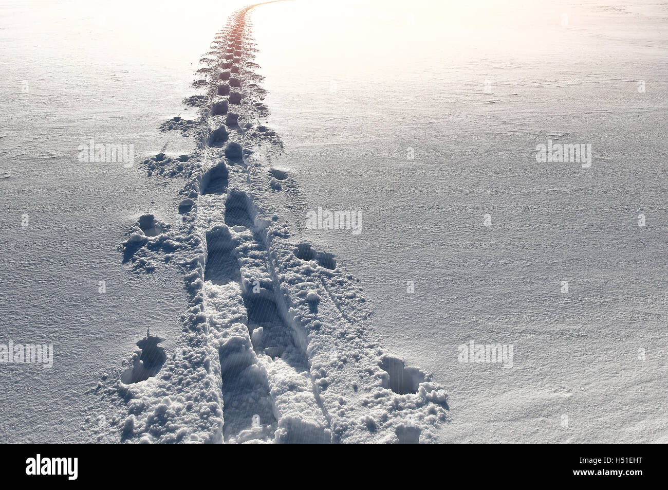 Fußspuren im Schnee verschwinden der Sonne entgegen Stockfoto