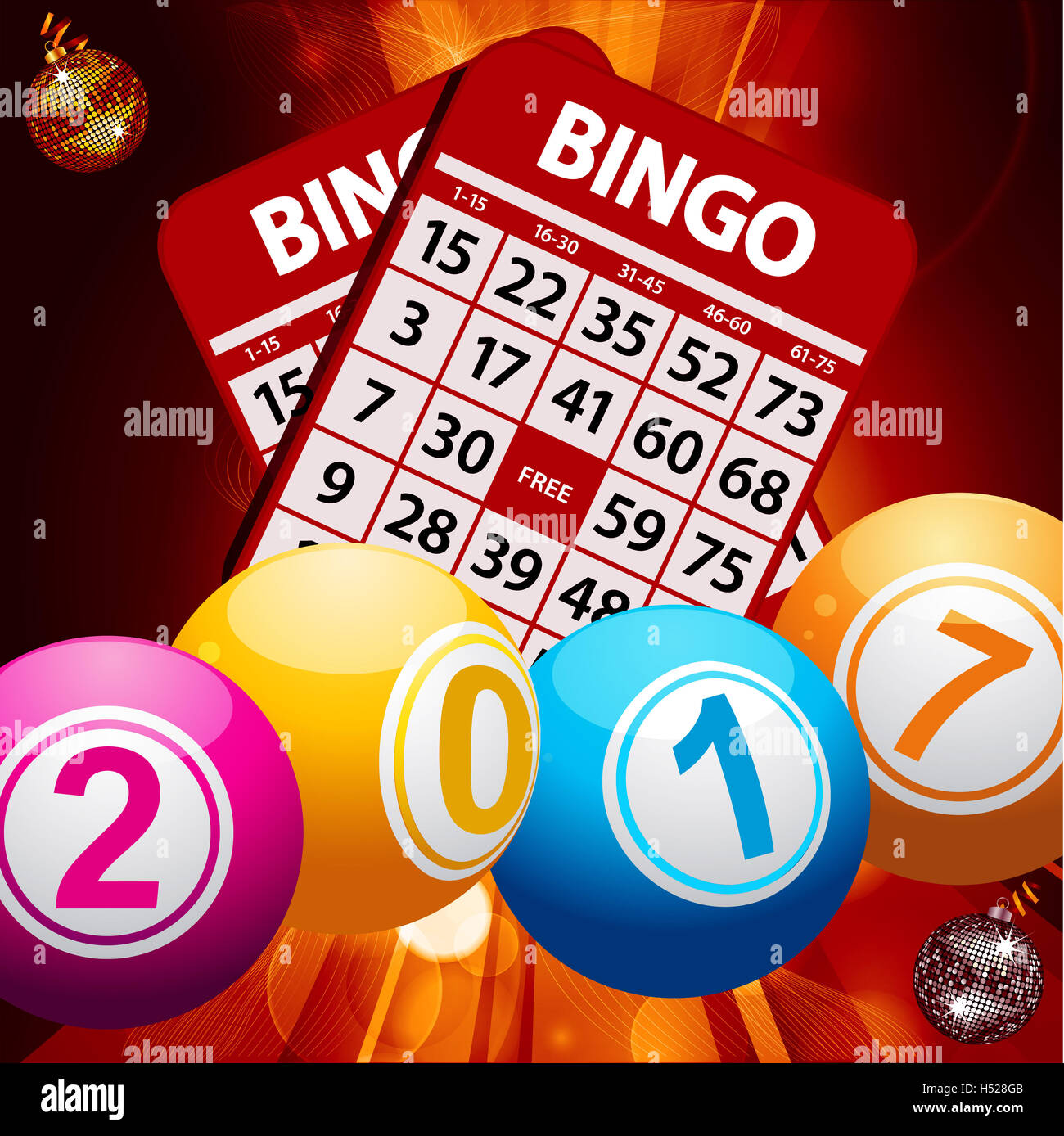 Bingo-Lotto-Kugeln mit 2017 auf Bingo-Karten über leuchtenden Hintergrund mit Lens-Flares und Disco-Kugeln Kugeln Stockfoto