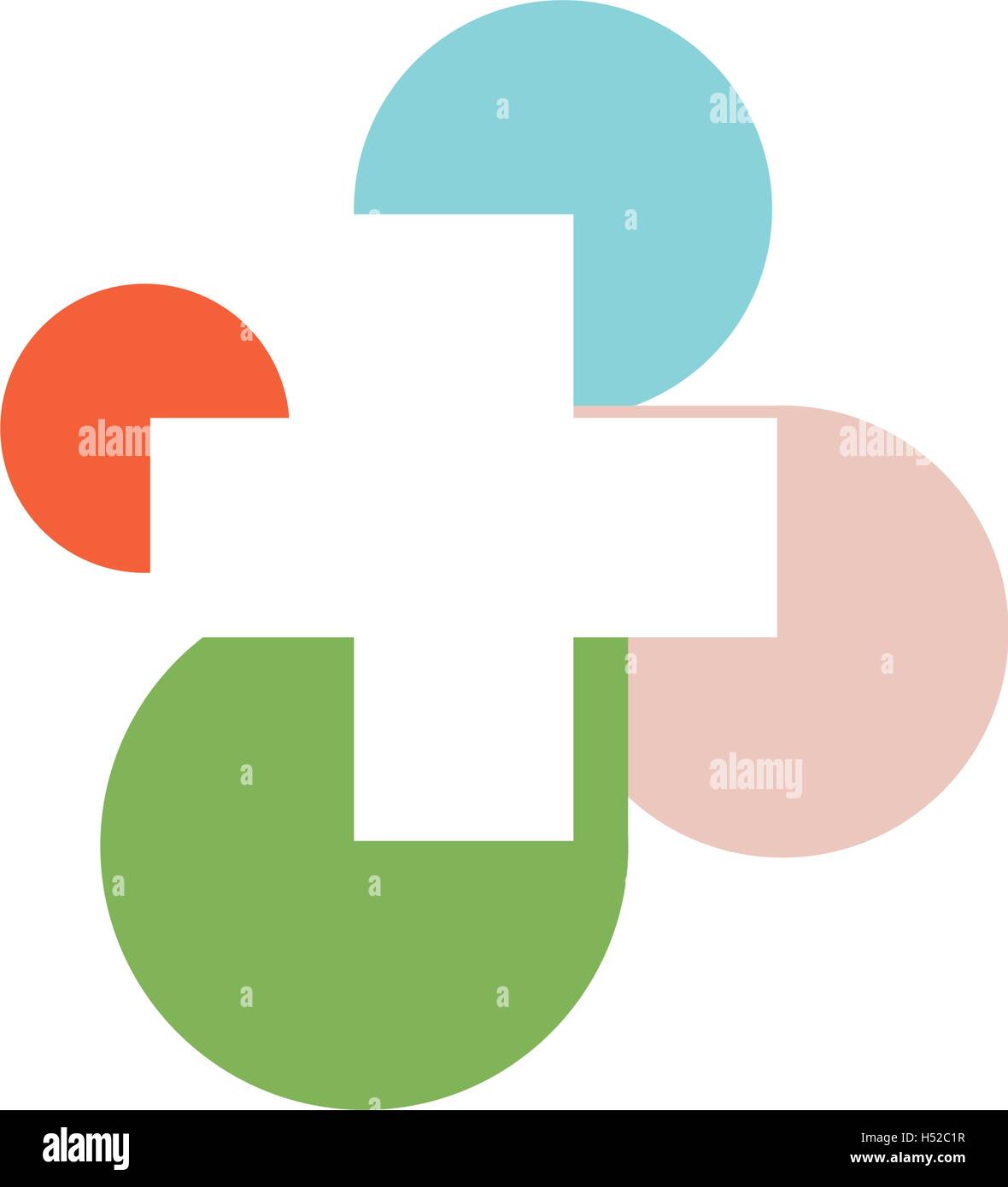 Isolierte abstrakt bunt Kreuz Runde medizinisches Logo. Religiöses Zeichen. Büro-Emblem des Arztes. Krankenwagen-Label. Erste-Hilfe-Symbol. Plus -Taste. Vektor-Kreuz Abbildung. Stock Vektor