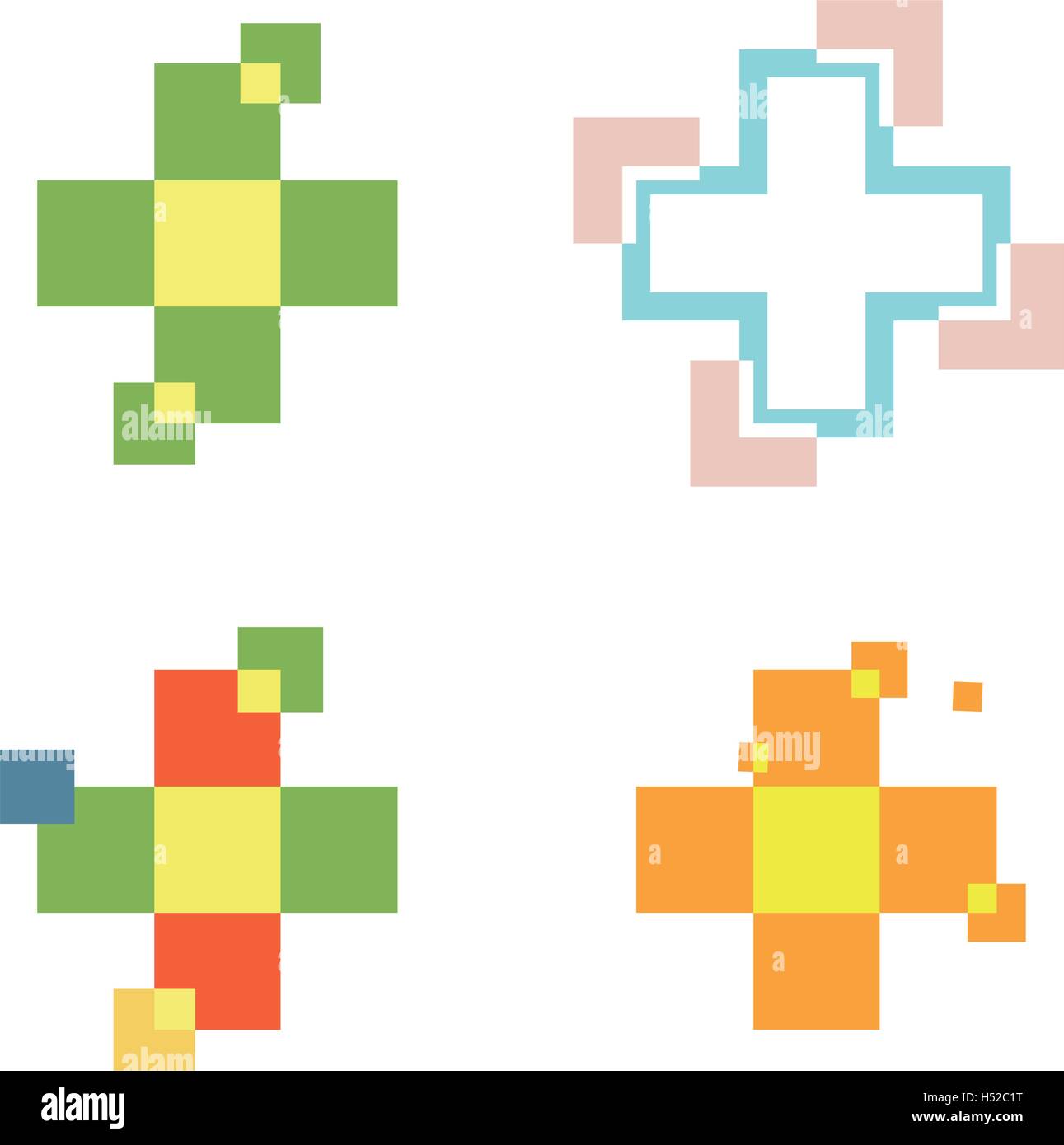 Isolierte abstrakt bunt Kreuz Logo gesetzt. Medizinische Logo-Sammlung. Krankenwagen, Krankenhaus, Klinik-Symbol. Geometrische Form Mosaikfliese. Religiöses Zeichen. Arithmetik und Symbol. Vektor-Kreuz Abbildung. Stock Vektor