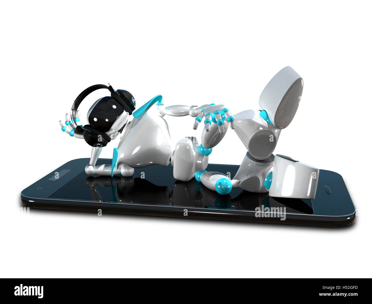 3D Abbildung eines weißen Roboters in der Hörmuschel auf Smartphone Stockfoto