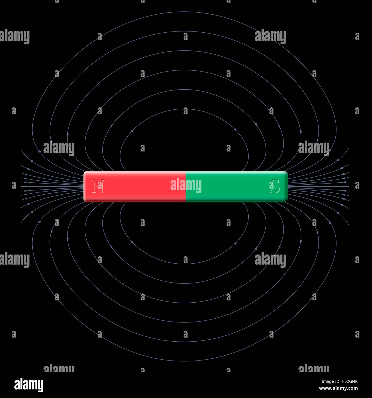 Magnetfeld erzeugt durch Nord- und Südpol eines Balkens Magnet. Darstellung auf schwarzem Hintergrund. Stockfoto
