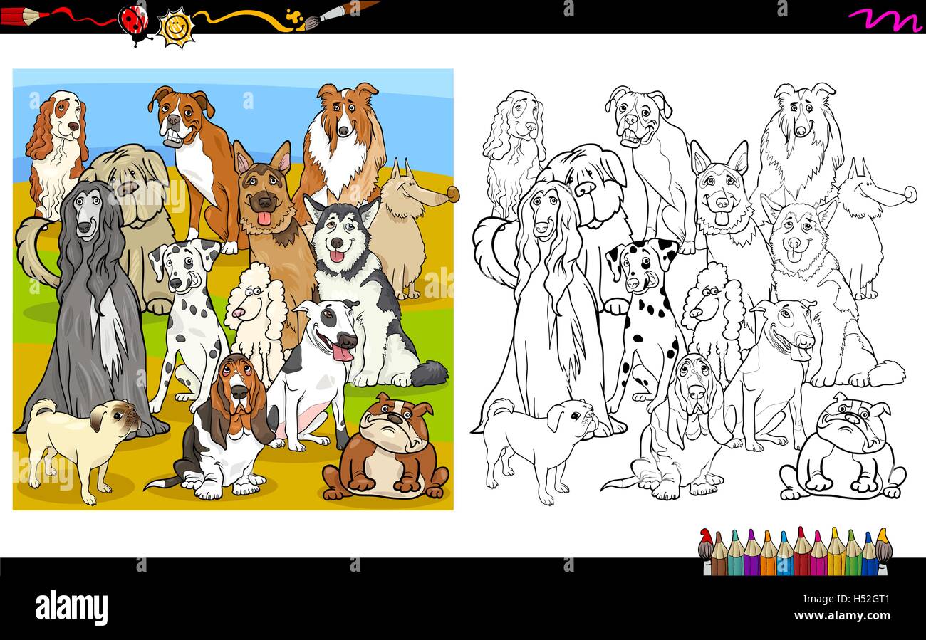 Cartoon-Illustration der reinrassigen Hunde Gruppe Coloring Book Aktivität Stock Vektor