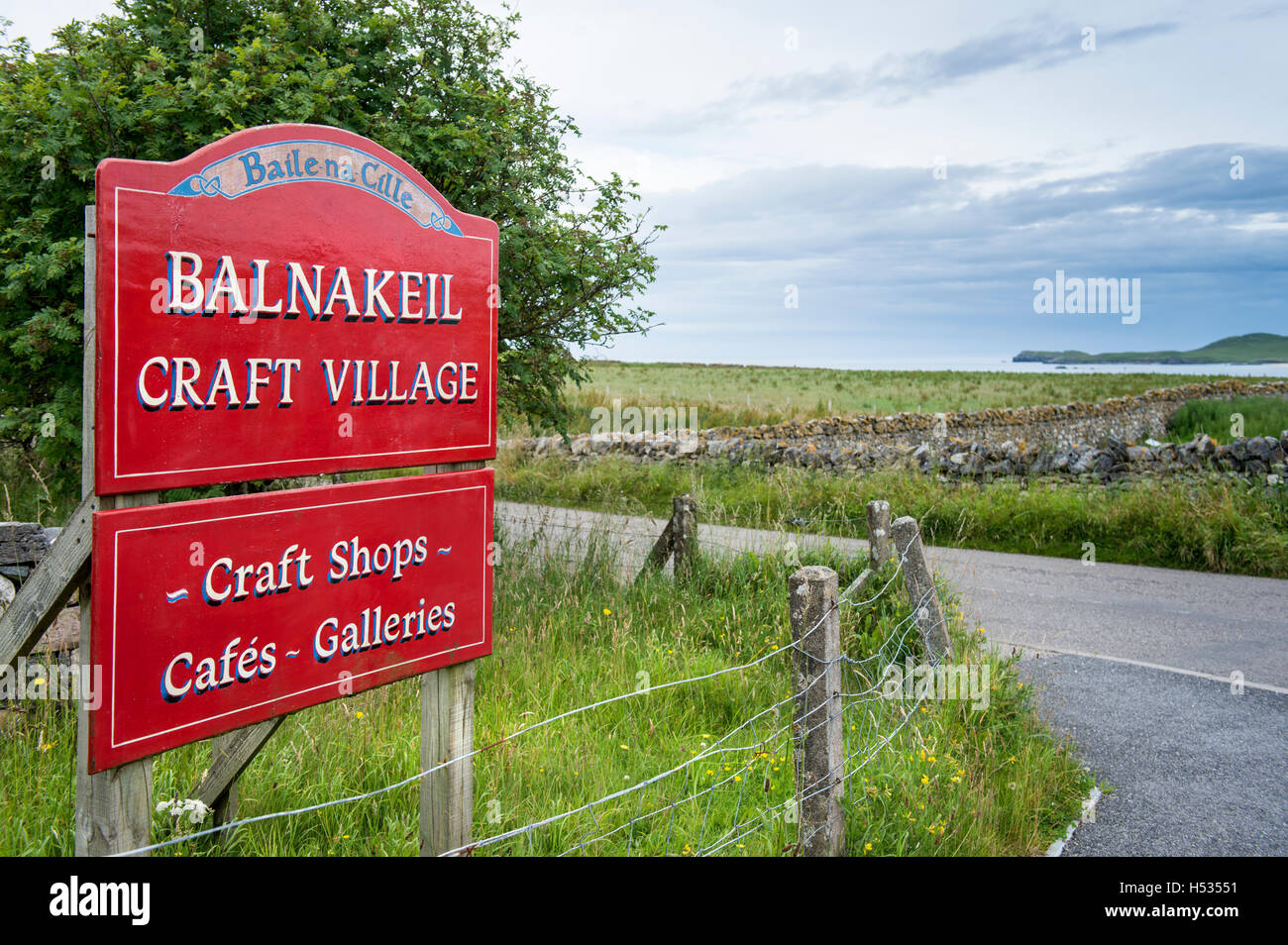 Melden Sie außen Balnakeil Craft Village in der Nähe von Durness in Sutherland, Schottland Stockfoto