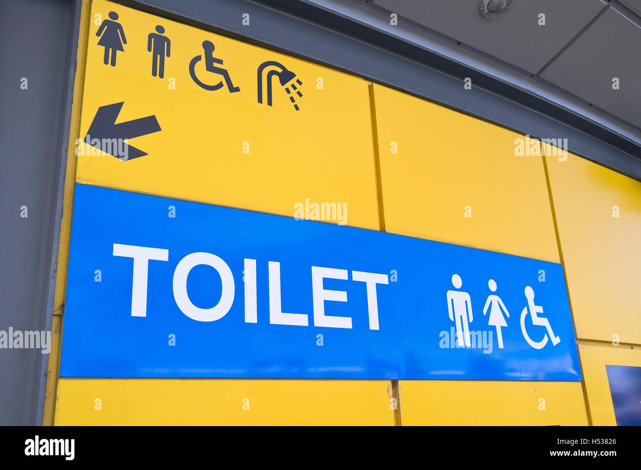dh WC Schild Schilder UK WC Schilder Grafik Pfeil Duschen Rollstuhl Zugang Richtungsvektor Stockfoto