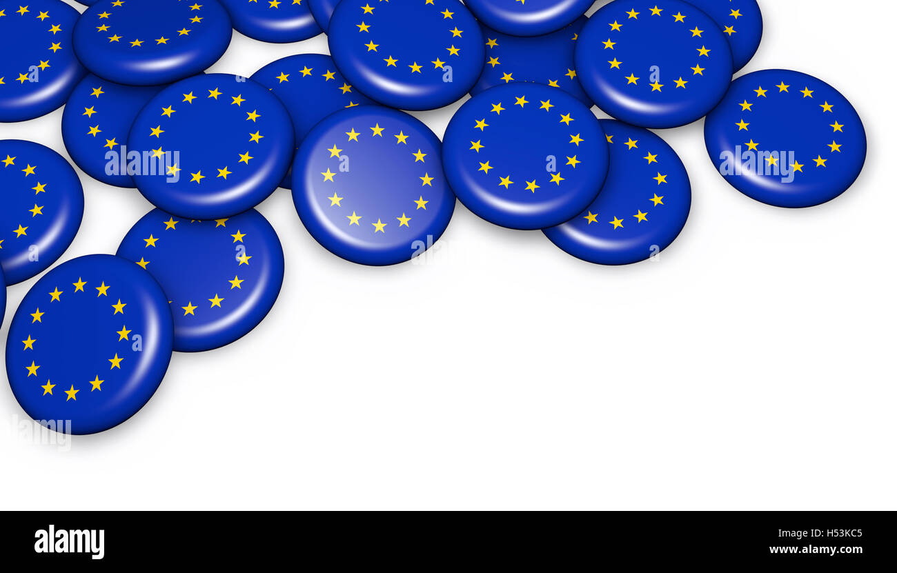 EU-Flagge auf Abzeichen 3d Illustration auf weißem Hintergrund mit Textfreiraum. Stockfoto