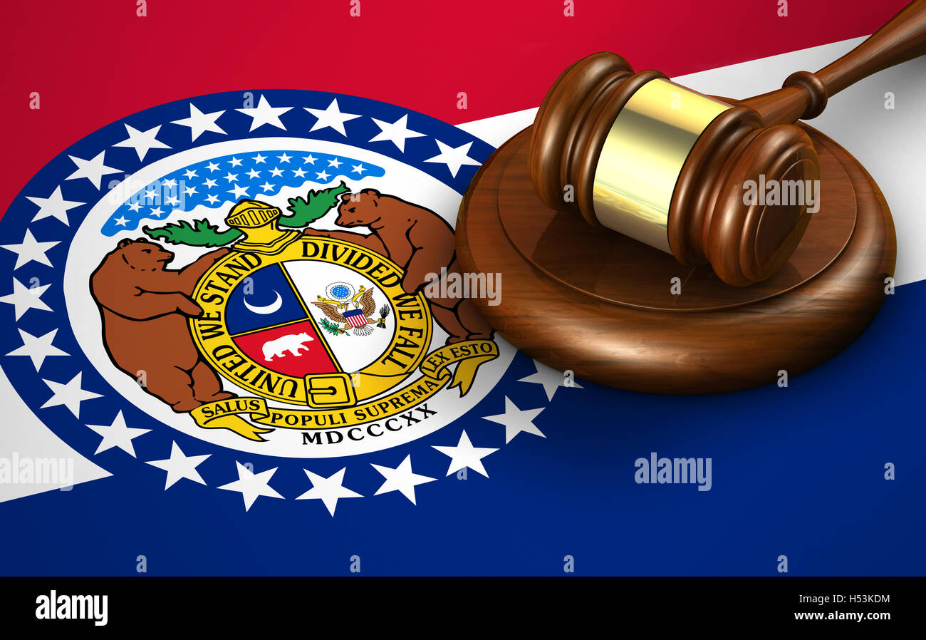 Missouri uns Zustandgesetz, Recht und Gerechtigkeit-Konzept mit einer 3D-Darstellung eines Hammers auf die Missourian Flagge im Hintergrund. Stockfoto