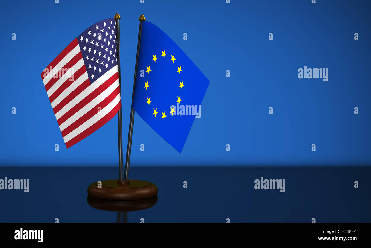 USA und Europäische Union Schreibtisch Flaggen auf blauen Hintergrund 3D Illustration. Stockfoto