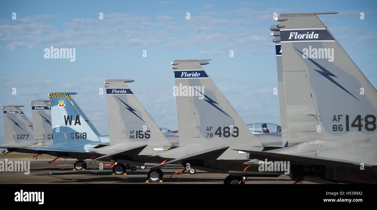 Eine Reihe von 125. Kämpfer-Flügel f-15 Schwänzen bilden eine Linie entlang der Eglin Air Force Base Flightline Okt. 7, 7. Oktober 2016. Die Air National Guard-Einheit aus Jacksonville, Florida geschickt 15 Flugzeuge Hurrikan Matthäus hier zu fahren. Die Marine Fighter Attack Squadron-501 übermittelt die Basis für die Beherbergung sowie 10 F-35Bs aus South Carolina. 96. Aircraft Maintenance Squadron-f-15-Einheit und der Navy Strike Fighter Squadron 101 unterstützte die transiente Flugzeuge. (U.S. Air Force Photo/Samuel King Jr.). Stockfoto