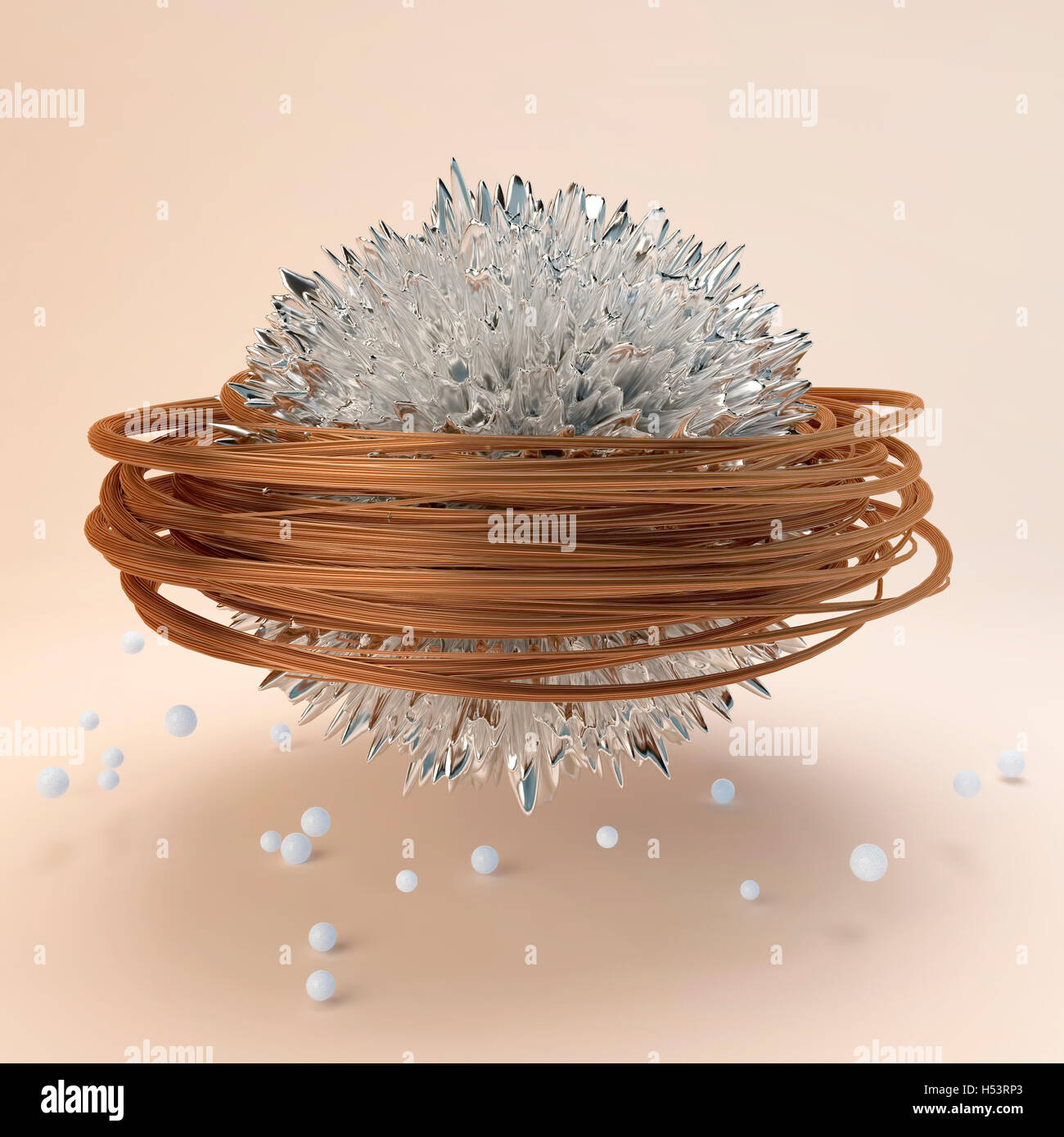 Verchromung Kugel mit zufälliger Spikes mit roten Band umwickelt schwebt im leeren Studio mit Schatten und runden Kugeln auf die Stockfoto