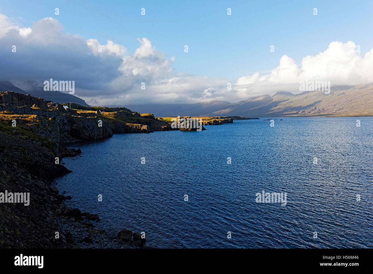 Küste von Teigarhorn, Berufjordur, Island, Nordatlantik, Europa Stockfoto