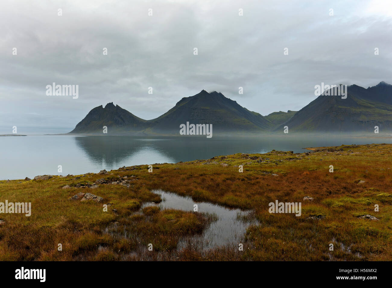 Coastal Berglandschaft im Nebel, Ostisland, Nordatlantik, Europa Stockfoto