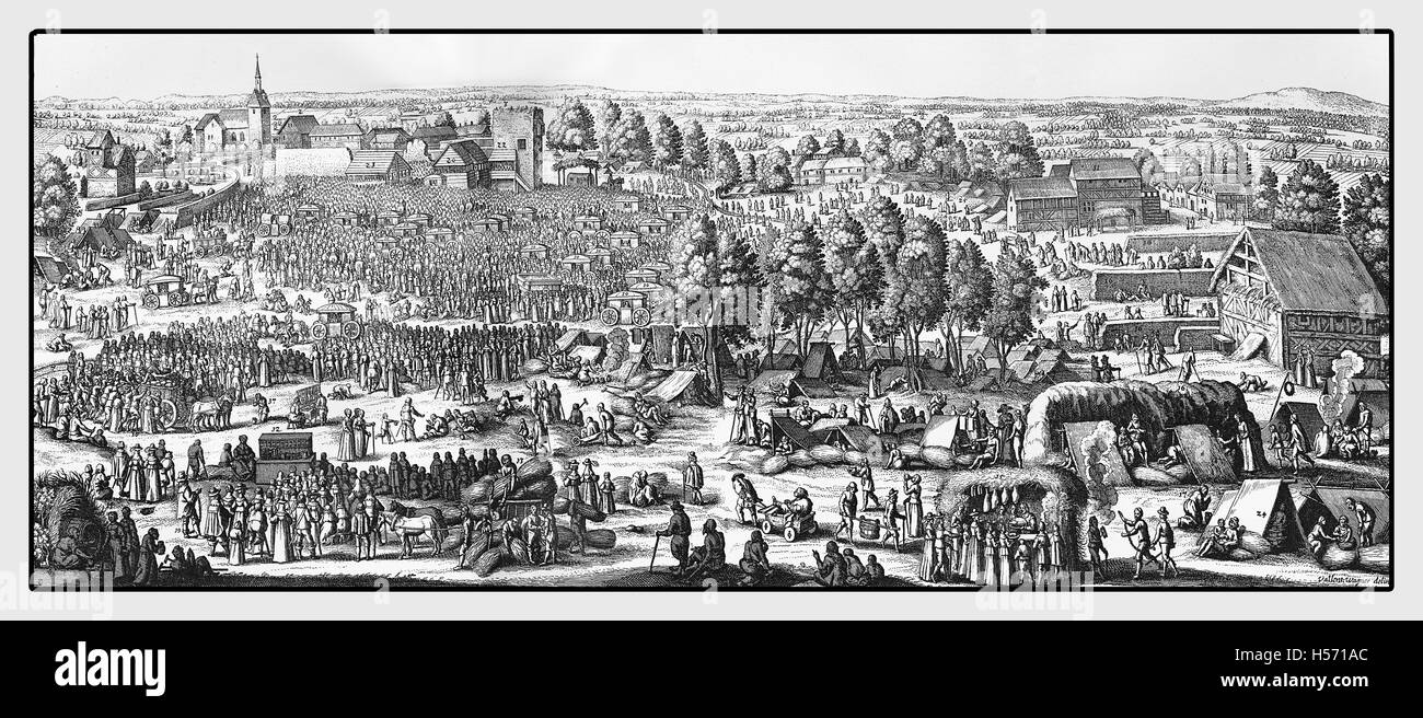 Blick auf deutsche Dorf von Hornhausen mit Reisende die Heilquelle Stockfoto