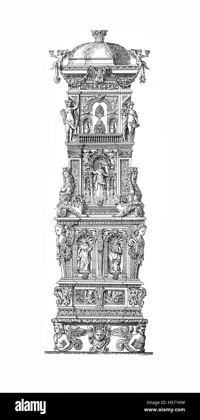 Renaissance-Kachelofen Ofen reich verzierte in Augsburg, XVI. Jh. Stockfoto