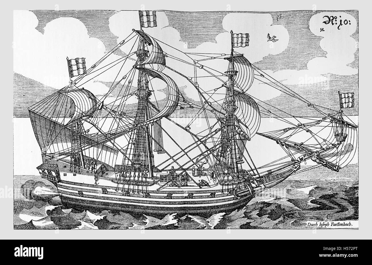 Jahr 1629, Schiffsarchitektur drei Mast Fregatte Stockfoto
