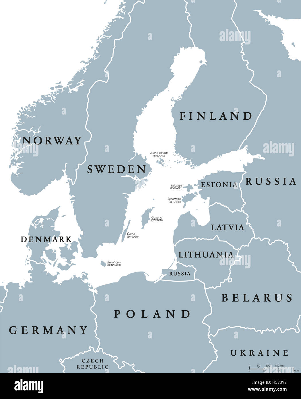 Ostsee Länder politische Lageplan mit nationalen Grenzen. Nationen und Staaten Skandinaviens. Englische Beschriftung und Skalierung. Stockfoto