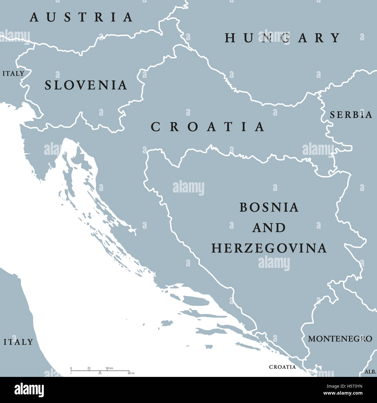Westen Balkanländer politische Karte mit nationalen Grenzen. Westbalkan, gebildet durch Slowenien, Kroatien und Bosnien-Herzegowina. Stockfoto
