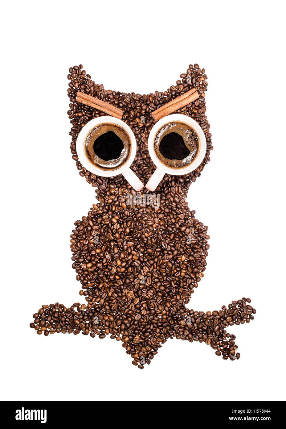 Positiven Eule, hergestellt aus Kaffeebohnen und zwei Tassen Augen mit Zimt Augenbrauen isoliert auf weißem Hintergrund Stockfoto