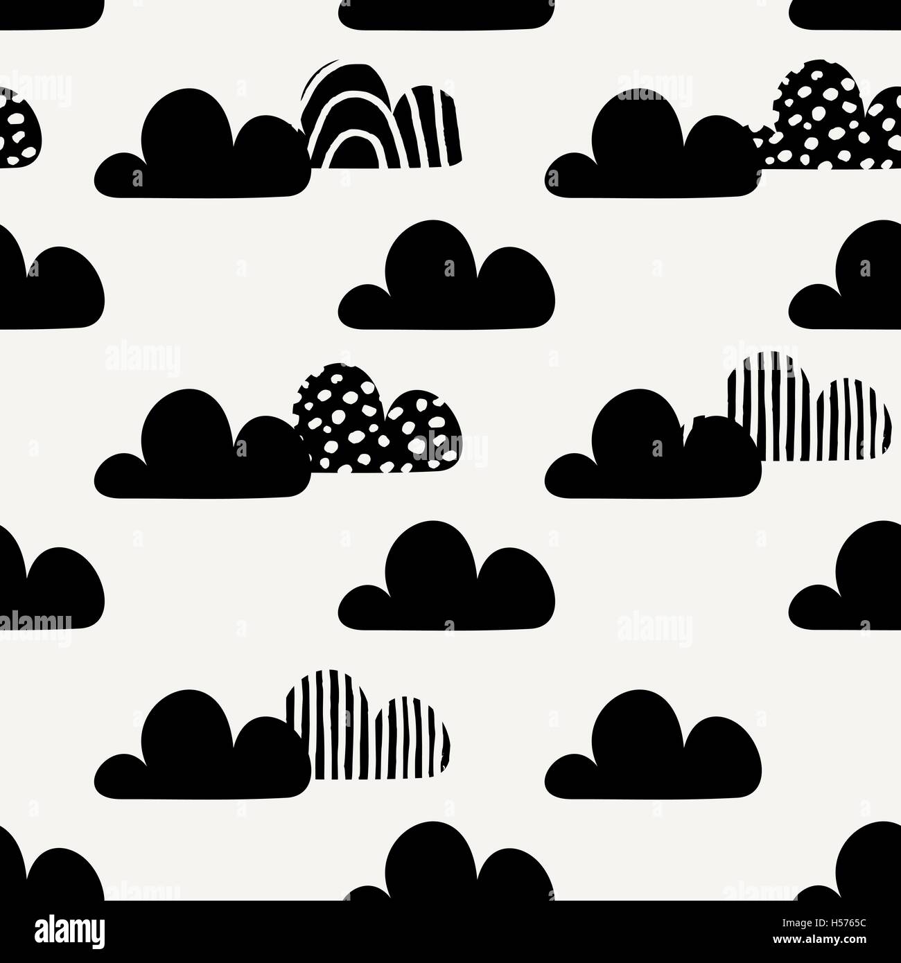 Nahtlose wiederholendes Muster mit schwarzen Wolkenformen auf cremefarbenen Hintergrund. Nette und moderne Geschenkpapier, Poster, Textilien. Stock Vektor