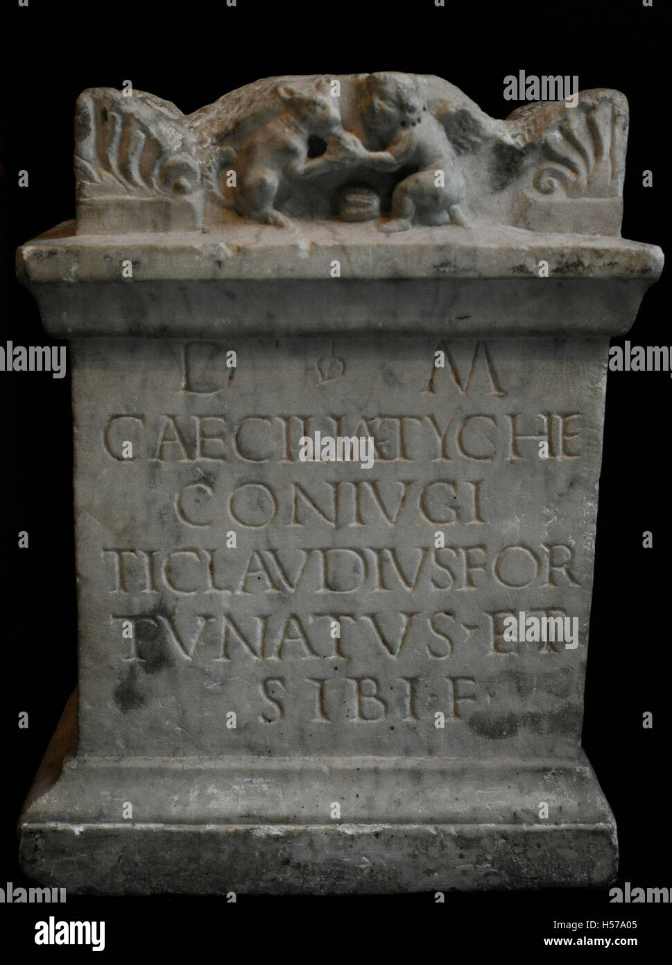 Römischen funerary Altar. Frontal mit lateinischen Inschrift mit dem Namen des Verstorbenen, Tiberius Claudius Fortunatus und seine Frau Caecilia Tyche. An der Spitze, Relief Darstellung ein Kind ein Tier füttern. Marmor. 1. Jahrhundert n. Chr. Museum des Mittelmeers und vorderasiatischen Altertümer. Stockholm. Schweden. Stockfoto