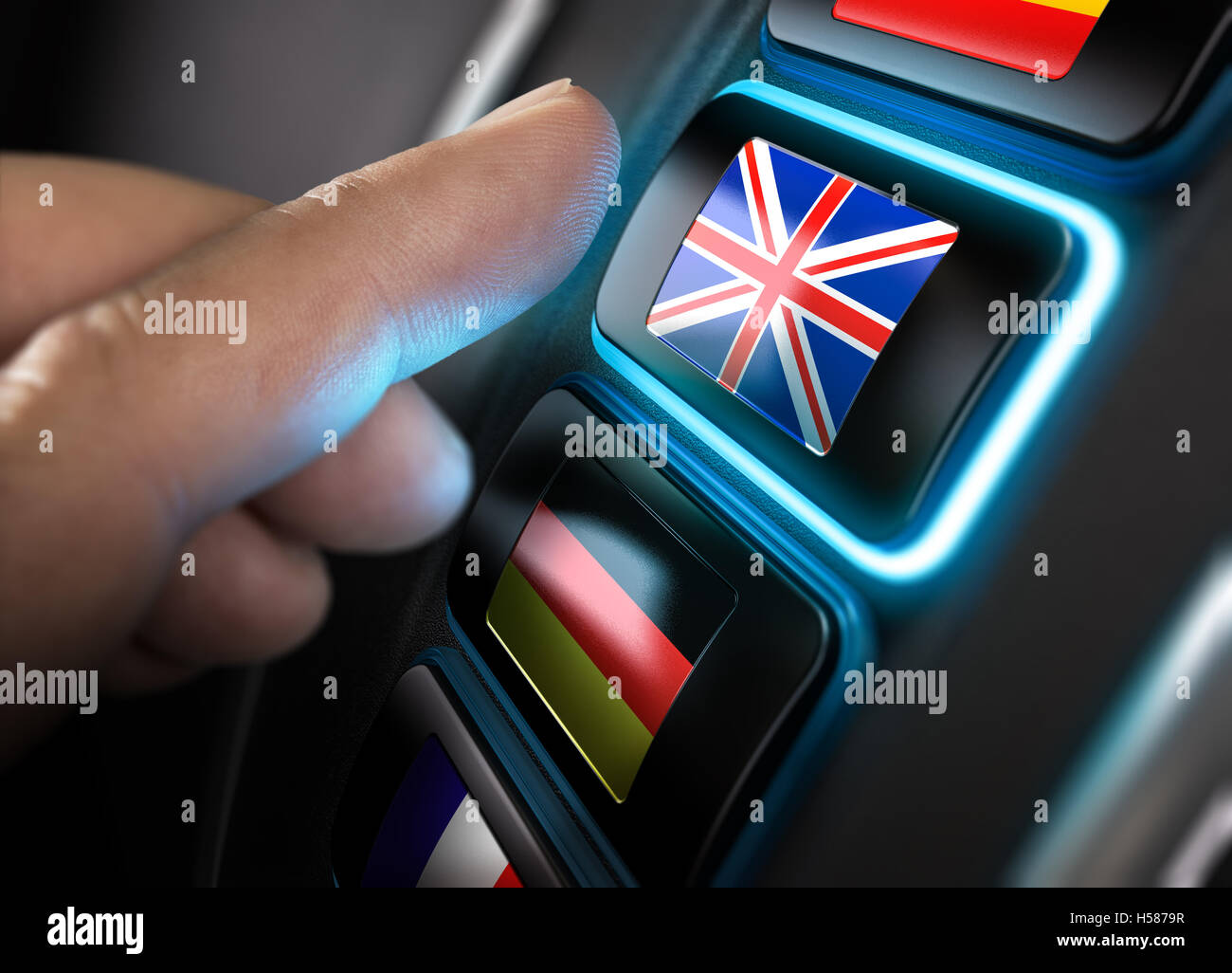 Finger über eine englische Übersetzung zu drücken Taste auf einem konzeptionellen Sprache Dashboard. Composite zwischen einem Bild und einem 3d Zurück Stockfoto