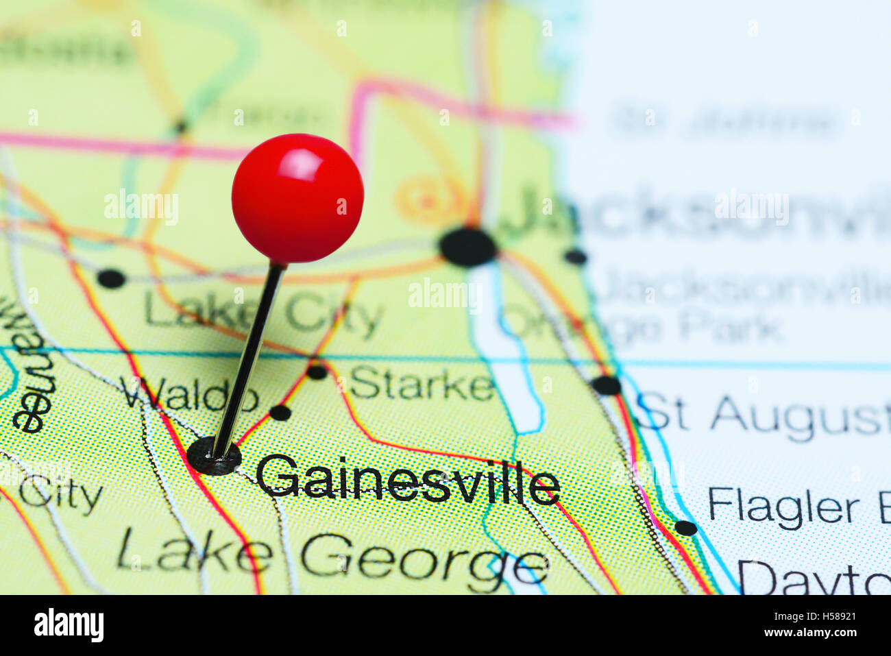 Gainesville, fixiert auf einer Karte von Florida, USA Stockfoto