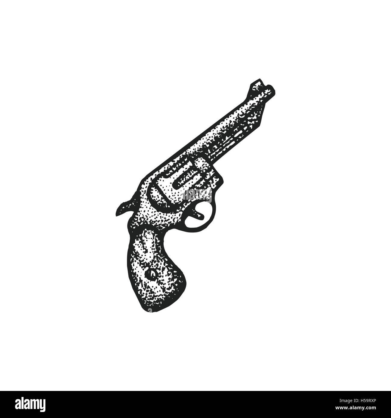 Vektor schwarze Arbeit Tattoo Dot Kunst handgezeichneten Stil Vintage Revolver Pistole Illustration isoliert weißen Hintergrund Gravur Stock Vektor
